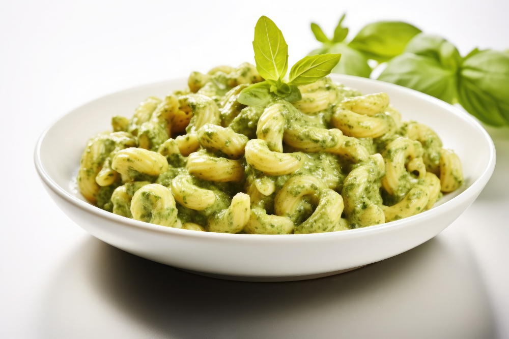 Assiette de pâtes penne mélangées au pesto vert, tomates séchées rouges et copeaux de parmesan