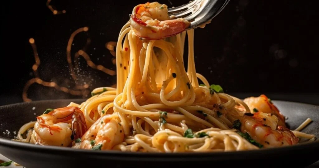 Assiette de spaghettis surmontés de crevettes roses sautées, parsemée de coriandre fraîche hachée
