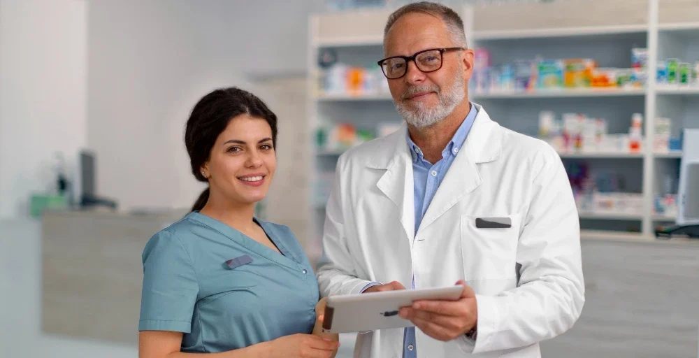 Consultation en pharmacie pour le choix de compléments alimentaires, pharmacien conseillant un client avec produits santé