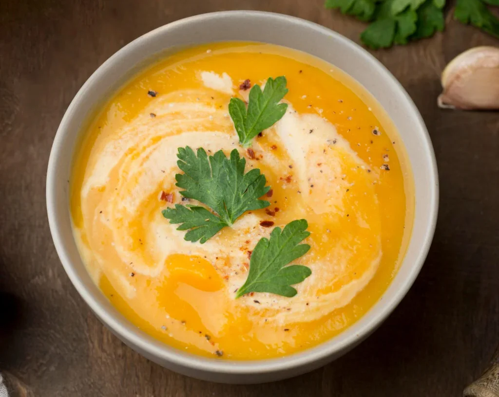 Soupe veloutée orange aux carottes et courgettes servie dans un bol blanc avec une cuillère, recette facile et rapide