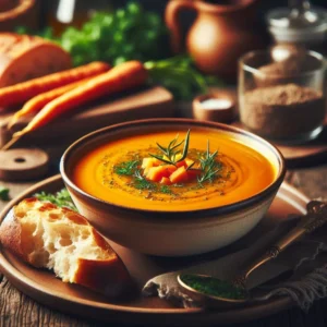 Bol de velouté de carottes au cumin onctueux avec crème liquide, servi avec des épices sur une table en bois