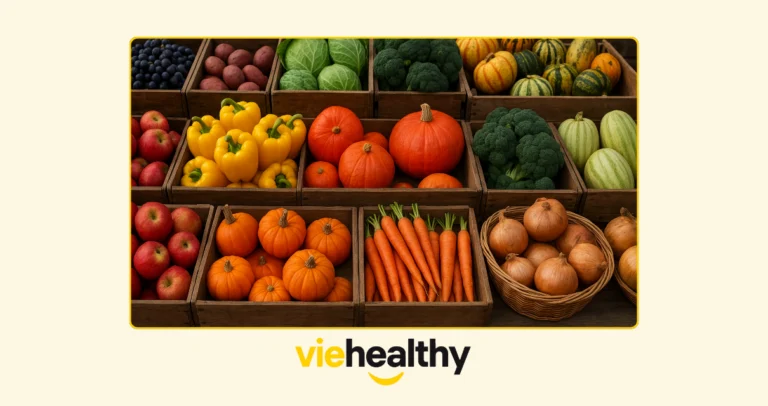 paniers de legumes et fruits sur un marché d'octobre