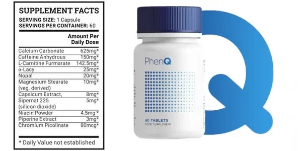 Infographie détaillée des ingrédients naturels de PhenQ incluant a-Lacys Reset, caféine, capsimax, nopal et picolinate de chrome
