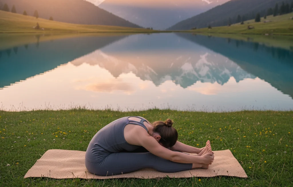 Personne pratiquant le yoga au bord d'un lac, illustrant les bienfaits adaptogènes du shilajit sur l'énergie, la vitalité et la gestion du stress